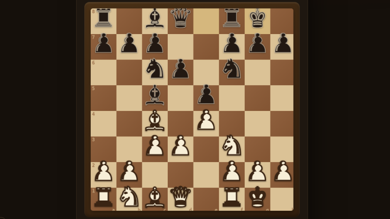 A DANK CHESS board part-way through the Italian Game opening: pawns on e4 and e5, knights and bishops developed toward the centre, and both kings already castled on the kingside.