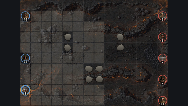 A DANKGAME battle at the top of round one, captured on the live site in a real match against the machine: both drafts have just been revealed, neither army has moved, and the ground is a 14×10 field of dark volcanic ground, ash-grey rock across the left half, charred black across the right, and orange lava veins running through both. Three blue-ringed stacks stand along the left edge — 40, then 24, then 2 — each token a portrait of the unit with its head count in a box under it; the pair of dire wolves at the bottom is ringed in gold rather than blue because it is the stack whose turn it is. Five red-ringed enemy stacks, 3, 6, 7, 7 and 11, are drawn up along the right edge facing them. Eight pale boulders sit in the ground between the two armies, placed in mirrored pairs either side of the centre line so the terrain favours neither side.