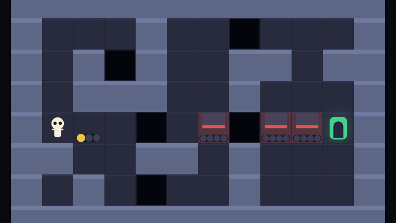A DEAD WEIGHT dungeon room: a skeleton stands at the left of a tiled grid, three red spike traps and several black pits sit between it and the glowing green exit door on the right.